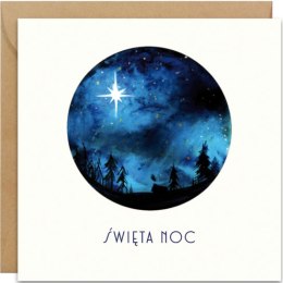 Kwadratowa kartka bożonarodzeniowa. Akwarelowy obraz w kole przedstawia nocne niebo z Gwiazdą Betlejemską świcącą nad stajenką. Poniżej jest napis 