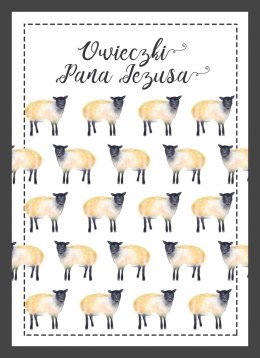 Plakat ze wzorem z owieczkami i słowami "Owieczki Pana Jezusa".