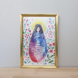Plakat z Maryją głaszczącą dziecko i modlitwą "Zdrowaś Maryjo".