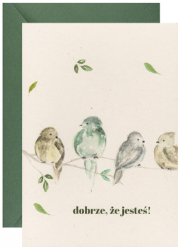 Kartka z akwarelowym malunkiem na beżowym papierze. Na gałązkach siedzą cztery kolorowe ptaszki. Poniżej nich jest napis 