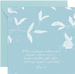 Niebieska kartka z białymi liśćmi i tekstem psalmu. W komplecie z błękitną kopertą.