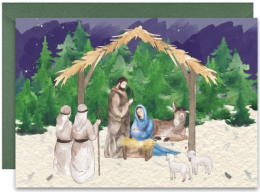 Kartka bożonarodzeniowa na życzenia ze stajenką. Do Józefa, Maryi i Jezusa przyszli pasterze. W tle las i nocne niebo.