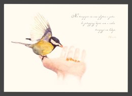 Plakat z ptakiem siedzącym na ręce. Obok kaligrafowany cytat z Pisma Świętego.