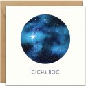 Kwadratowa kartka bożonarodzeniowa. Akwarelowy obraz w kole przedstawia nocne niebo z Gwiazdą Betlejemską. Poniżej jest napis "CICHA NOC".