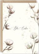 Kartka z ekologiczną kopertą. Na środku kaligrafowany napis "Dla Ciebie". Wokół są akwarelowe gałązki z kwiatami bawełny.