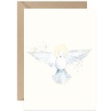 Pionowa karta na beżowym papierze. Na środku jest biały gołąb symbolizujący Ducha Świętego.
