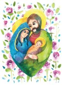 Miniplakat z akwarelowym wizerunkiem Świętej Rodziny. Maryja i Józef przytulają razem małego Jezusa. Otaczają ich kwiaty.
