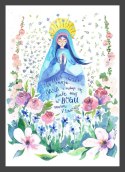 Plakat z modlącą się Maryją. Otaczają ją kwiaty na łące.
