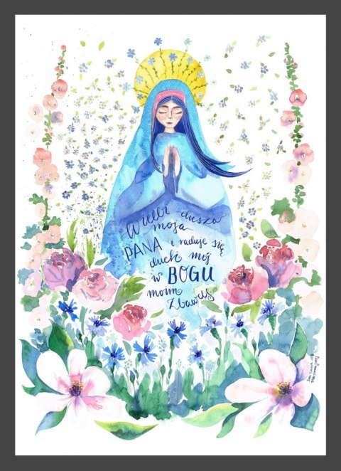 Plakat z modlącą się Maryją. Otaczają ją kwiaty na łące.