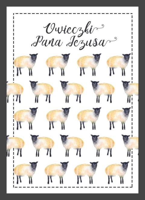 Plakat ze wzorem z owieczkami i słowami "Owieczki Pana Jezusa".