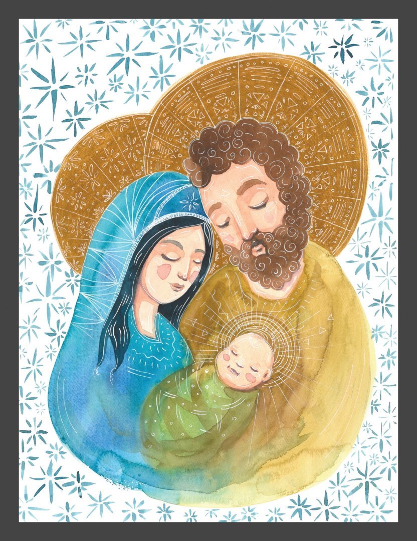 Plakat ze Świętą Rodziną przytulającą się do siebie.