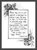 Plakat czarno-biały ze słowami psalmu 131 i ozdobnymi roślinami.