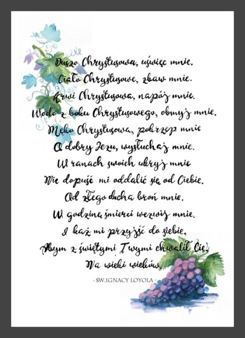 Plakat ze słowami modlitwy "Duszo Chrystusowa" i motywem winogron.