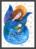 Plakat z ciemnoniebieskim aniołem przytulającym dziecko i modlitwą do Anioła Stróża.