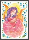 Plakat z różowym aniołem przytulającym dziecko i modlitwą do Anioła Stróża.