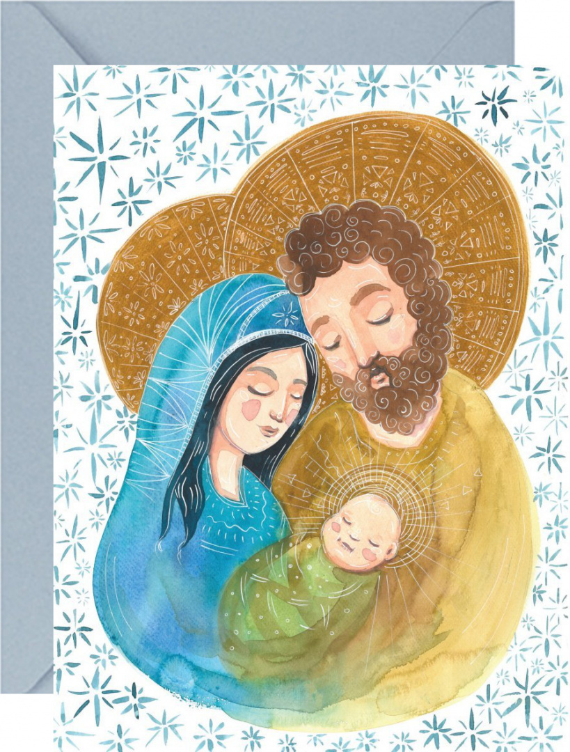 Duża kartka ze Świętą Rodziną przytulającą się do siebie. W komplecie z niebieską kopertą.