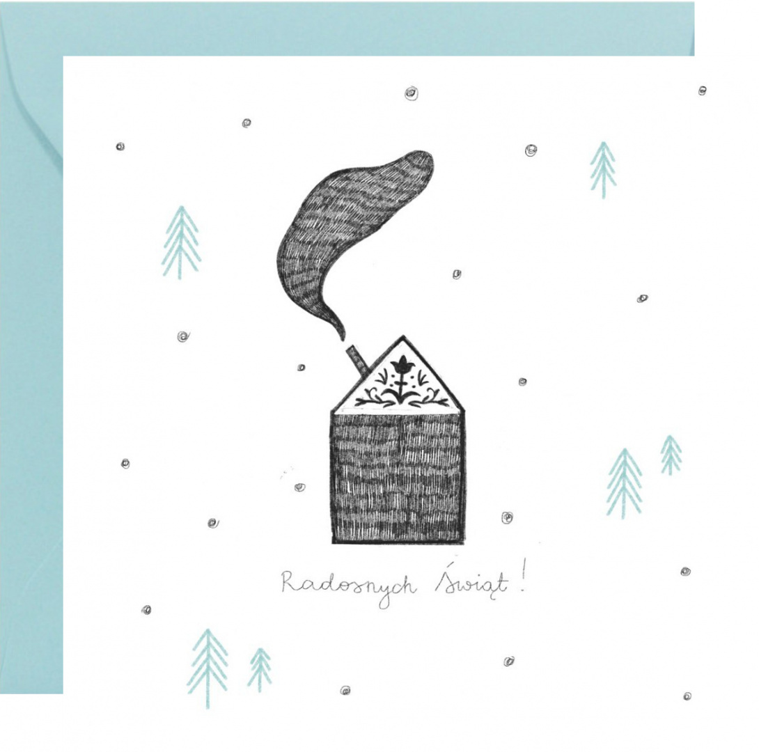 Kwadratowa kartka bożonarodzeniowa na białym papierze. Na środku jest narysowany domek z ozdobnym  daszkiem. Poniżej jest napis "Radosnych Świąt!". Dookoła są małe drzewka iglaste i płatki śniegu.