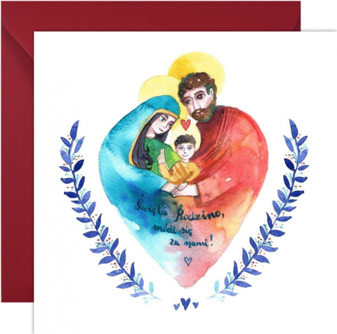 Kwadratowa kartka z rysunkiem Świętej Rodziny. Otaczają ją gałązki niebieskich gałęzi. W komplecie z czerwoną kopertą.