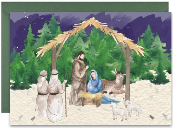 Kartka bożonarodzeniowa na życzenia ze stajenką. Do Józefa, Maryi i Jezusa przyszli pasterze. W tle las i nocne niebo.  Kartka jest z zieloną kopertą.