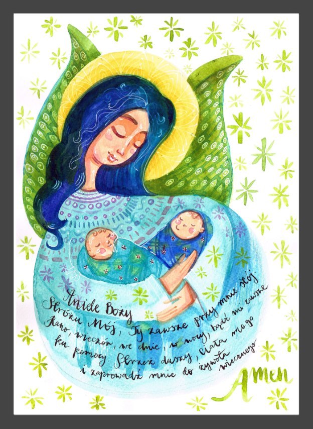 Plakat z akwarelowym aniołem o granatowych włosach i zielonych skrzydłami. Trzyma w ramionach dwójkę dzieci.
