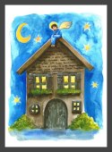 Plakat z brązowym domem nocą. Na jego dachu siedzi anioł, który opiekuje się mieszkańcami.