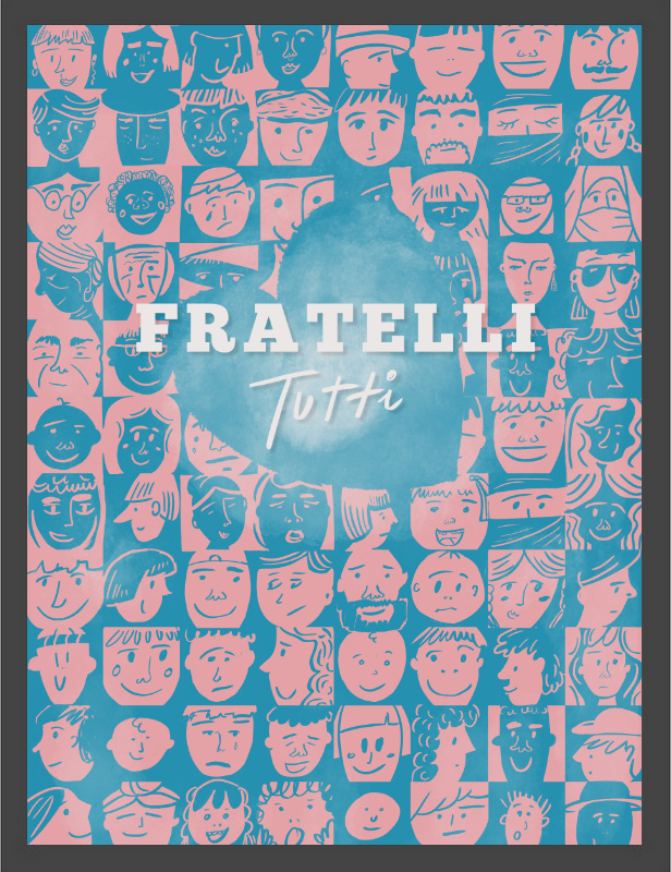 Plakat z wieloma różnorodnymi twarzami, a w centrum jest serce z napisem Fratelli Tutti.