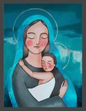 Plakat z Maryją przutulającą małego Jezusa.