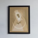 Złoty plakat z Madonną Miłosierdzia, czyli Matką Bożą Ostrobramską. Oprawiony w prostą czarną ramę.