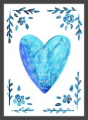 Plakat niebieskim sercem w otoczeniu liściastych gałązek i kwiatów.