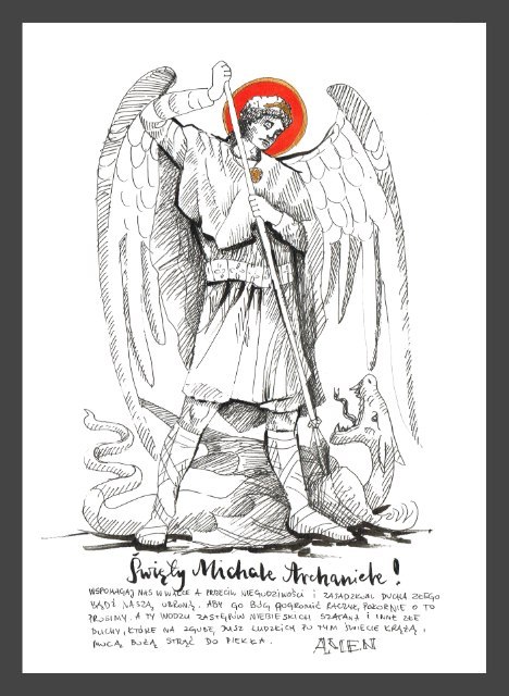 Plakat z Achraniołem Michałem walczącym ze smokiem. Poniżej modlitwa do Świętego Michała Archanioła.