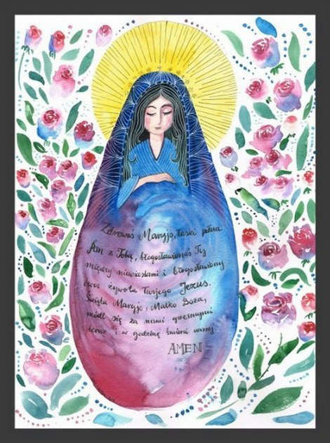 Plakat z Maryją głaszczącą dziecko i modlitwą "Zdrowaś Maryjo".